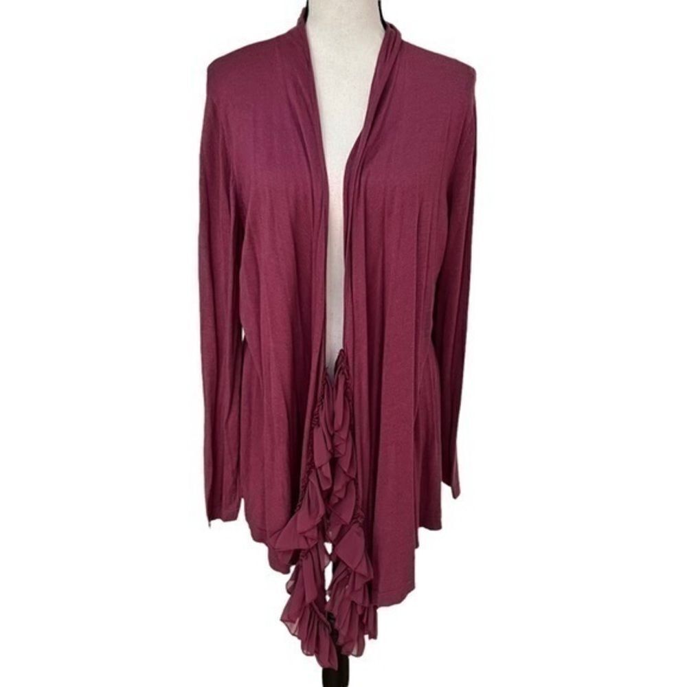 Soft Surroundings pink cotton blend open ruffled trim front cardigan size M.